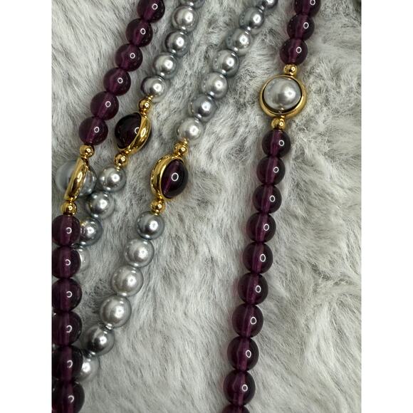 2pc Vintage Faux Pearl & Plum Bead Necklaces Set Gold Tone Accents 38” Each - Picture 4 of 6